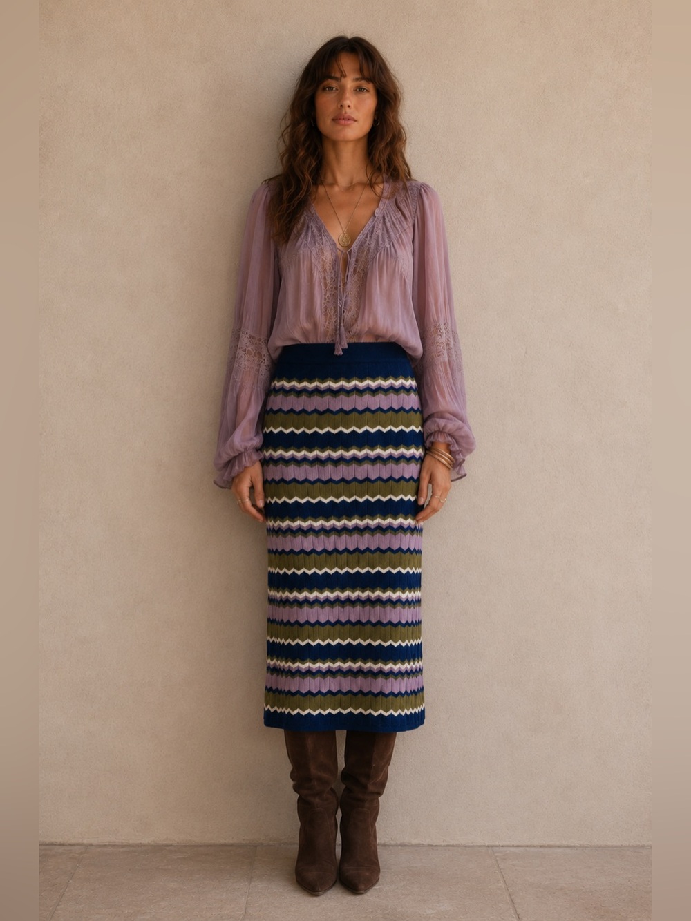 NWOT Sezane Chevron Knit Midi Skirt Romantic Boho Festival Fall